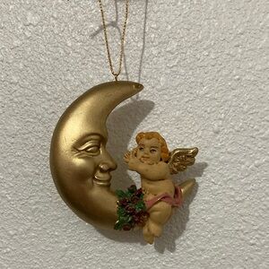 Vintage Christmas Ornament Angel Cherub On Crescent Gold Moon One Sided Resin